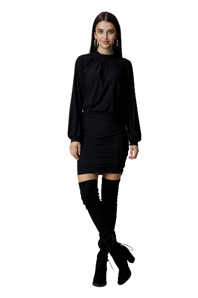 Sukienka Mini Długi Szeroki Rękaw Marszczenia Z Tyłu Zamek - czarna